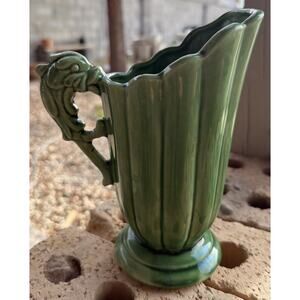 Vintage Shawnee Ceramic Green Glaze USA Dragon Handle Pitcher Vase 1940's #828